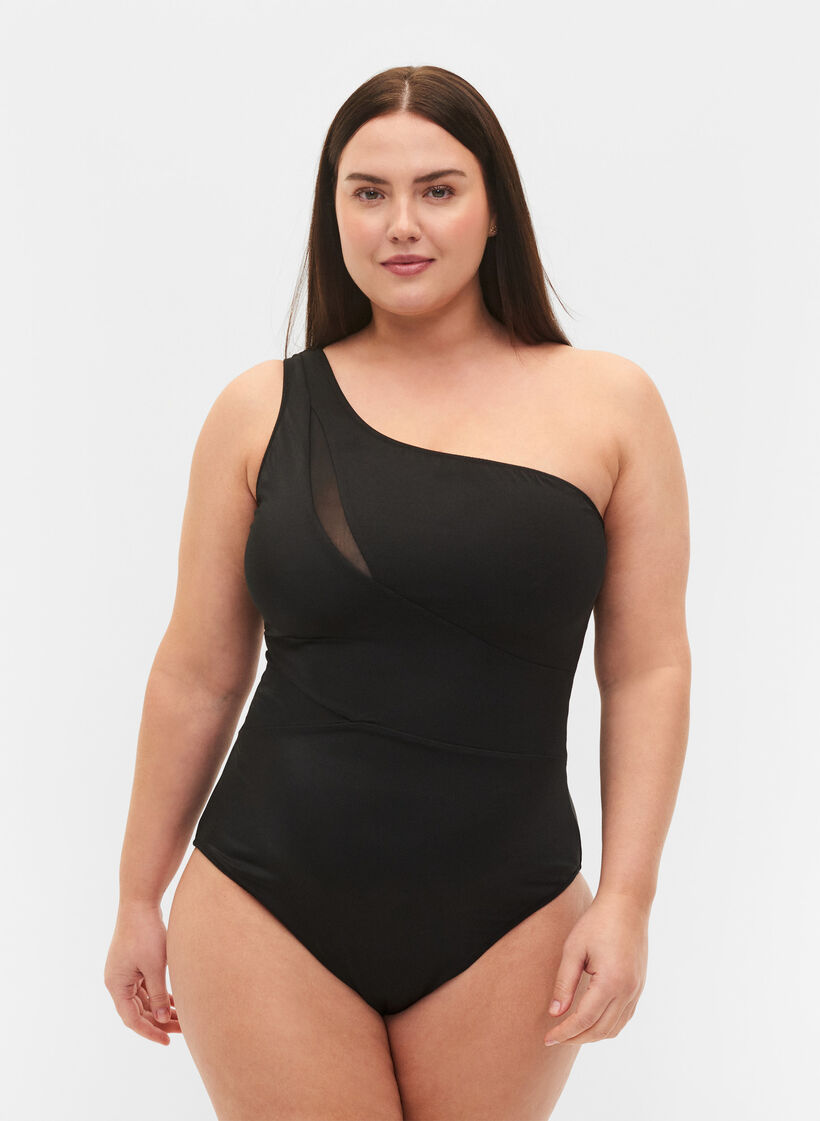 One-shoulder badedrakt med mesh, Black, Model image number 0