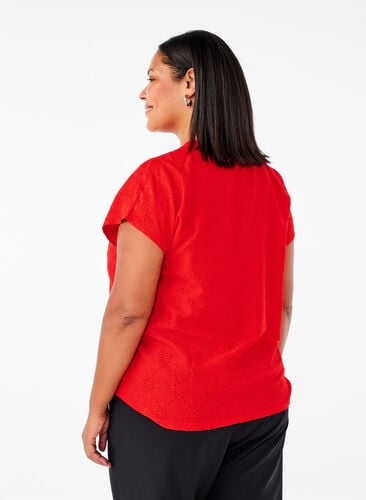 Zizzi Bluse med korte ermer og blomsterbroderi, Flame Scarlet, Model image number 1