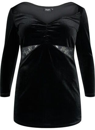 Kort kjole i velour med blonder, Black, Packshot image number 0