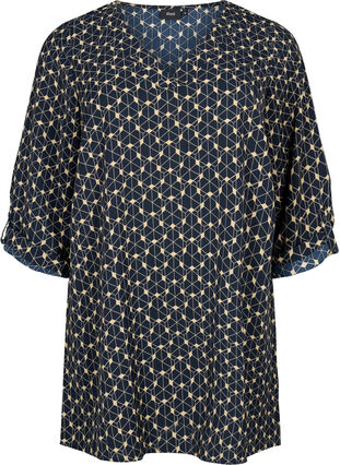 Zizzi A-formet tunika med trykk, Blue Beige AOP, Packshot image number 0