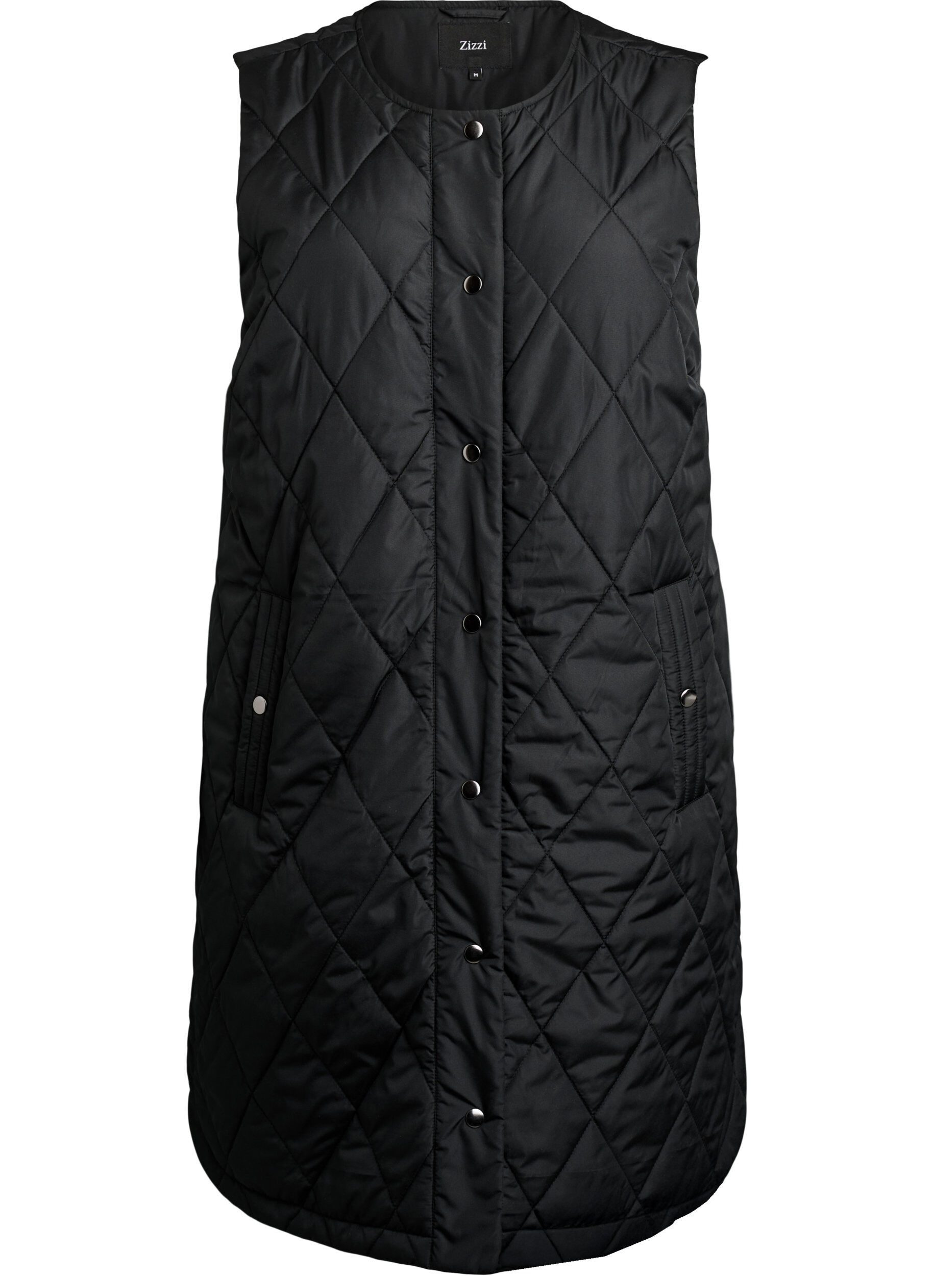 ZizziLangt vattert vest med trykknapper, Svart, Packshot image number 0