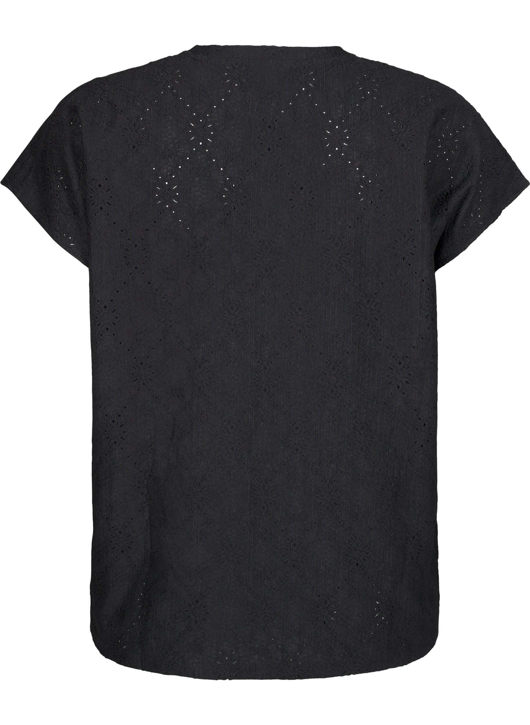 Zizzi Bluse med korte ermer og blomsterbroderi, Black, Packshot image number 1