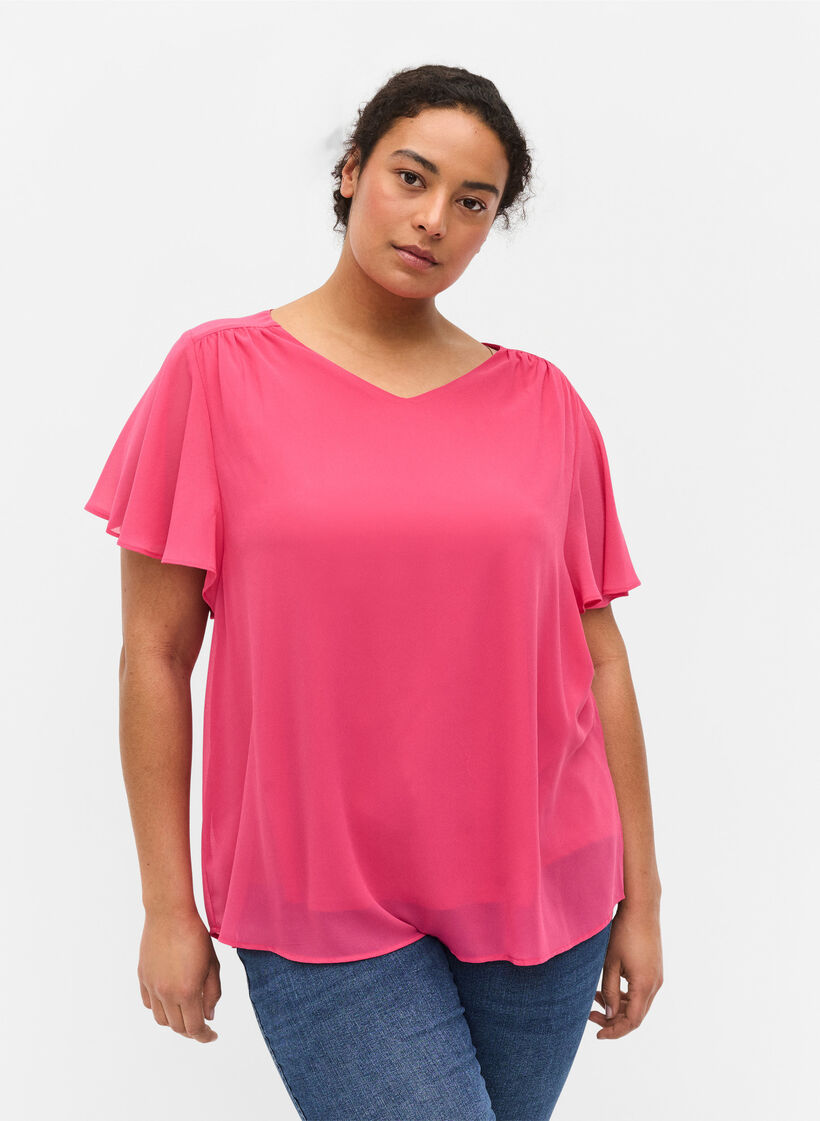Bluse med korte ermer, Magenta, Model image number 0