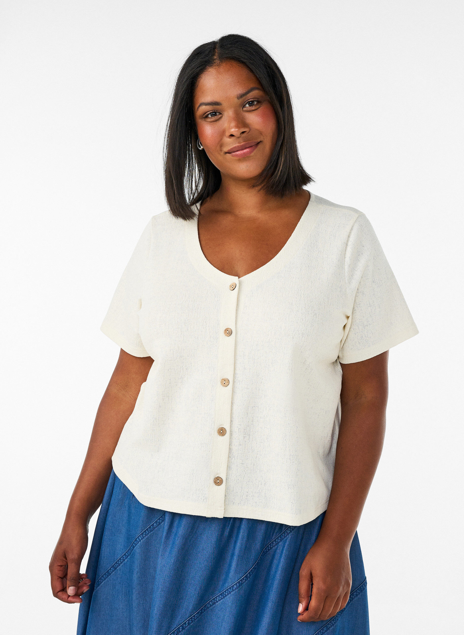 ZizziTeksturert bomullsbluse med knappelukking, Vanilje, Model image number 0