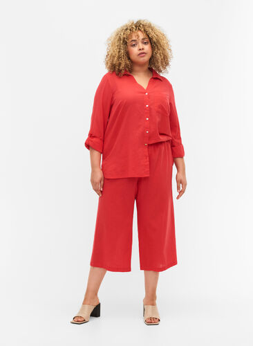 Bukser av bomullsmiks med lin i 7/8-lengde, Hibiscus, Model image number 0