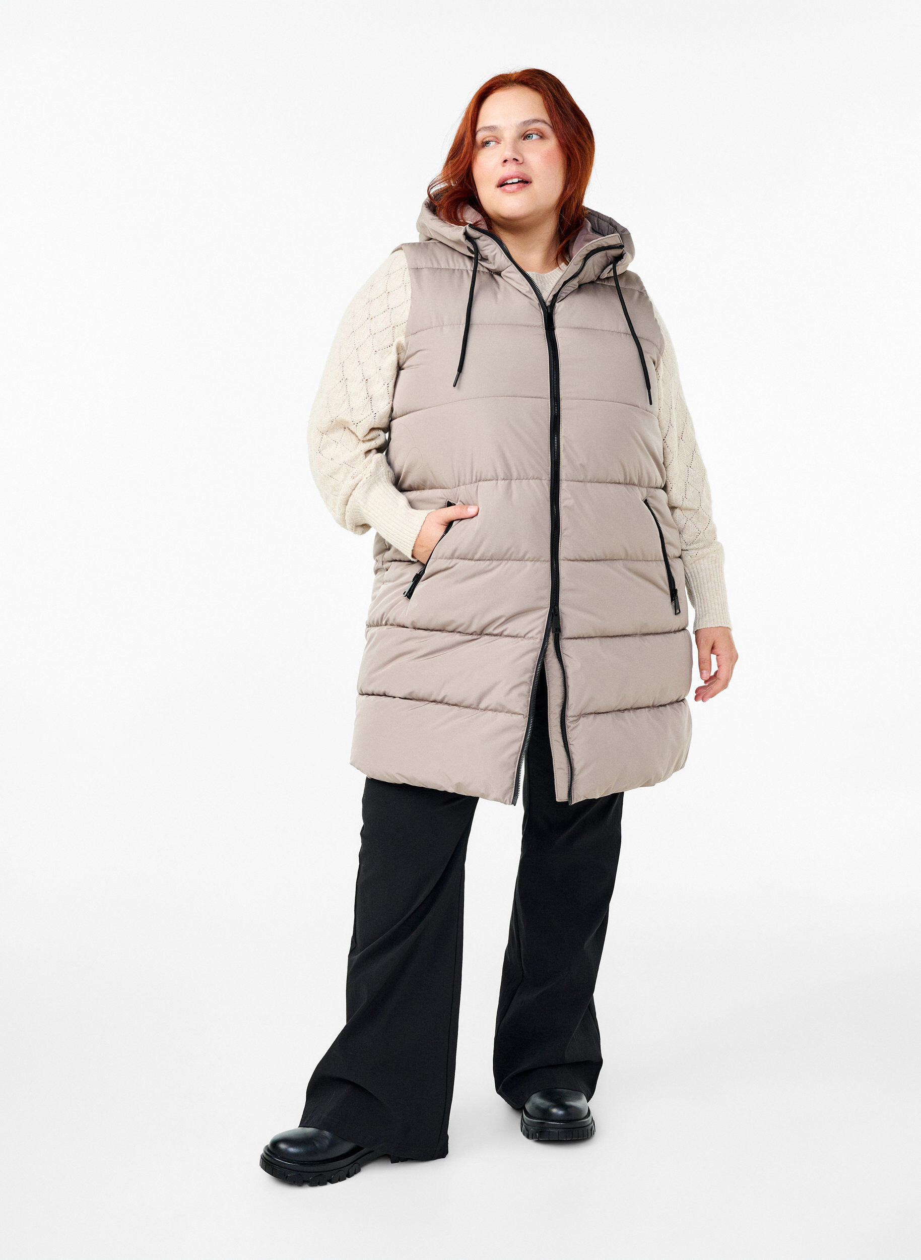 Zizzi Lang vest med hette og lommer, Beige, Model image number 1