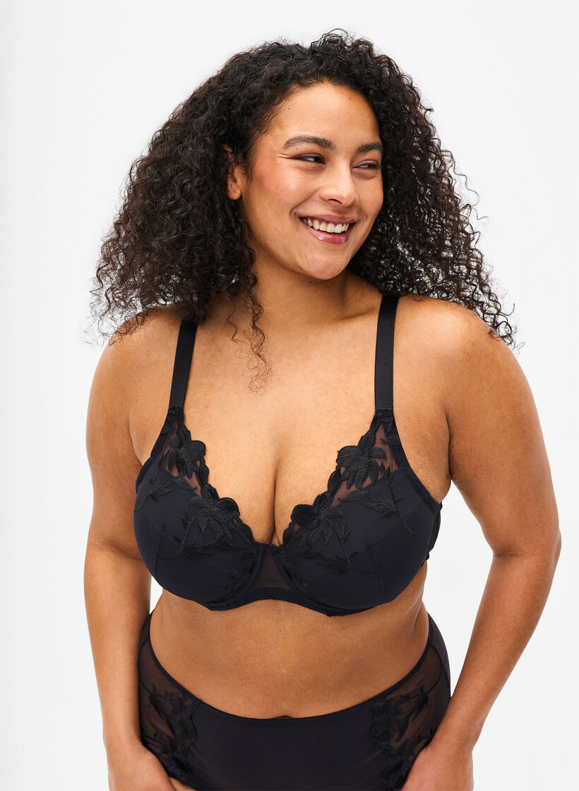 Vattert BH med bøyle og broderi, Svart, Model image number 0