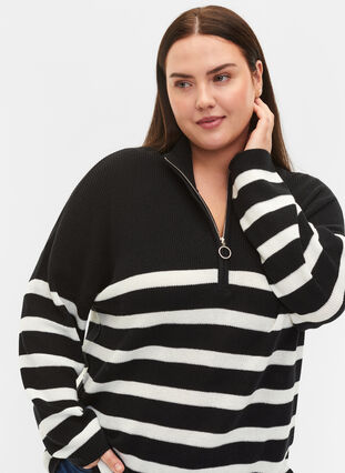 Stripete strikkegenser med høy krage, Black w.Cloud Dancer, Model image number 2