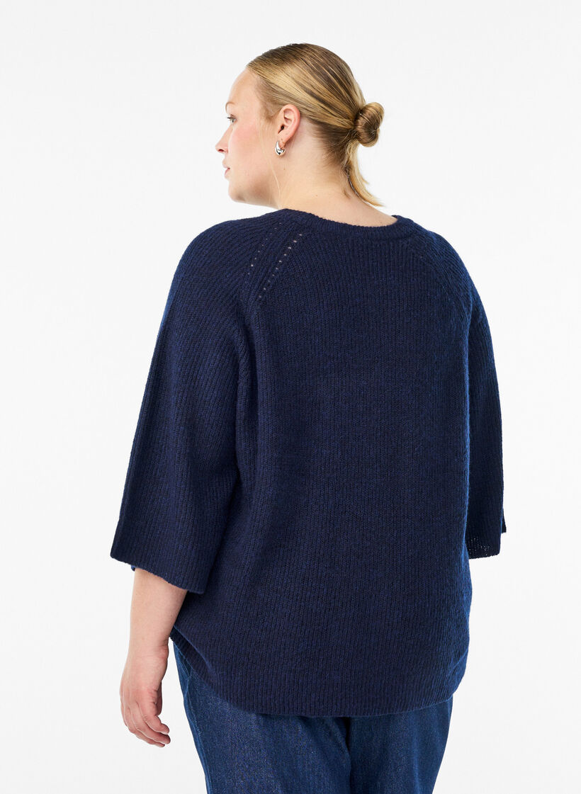 Ribbestrikket genser med 3/4 ermer, Bl&aring;, Model image number 2