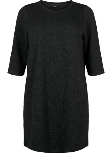 Kjole med struktur og trekvartlange ermer, Black, Packshot image number 0
