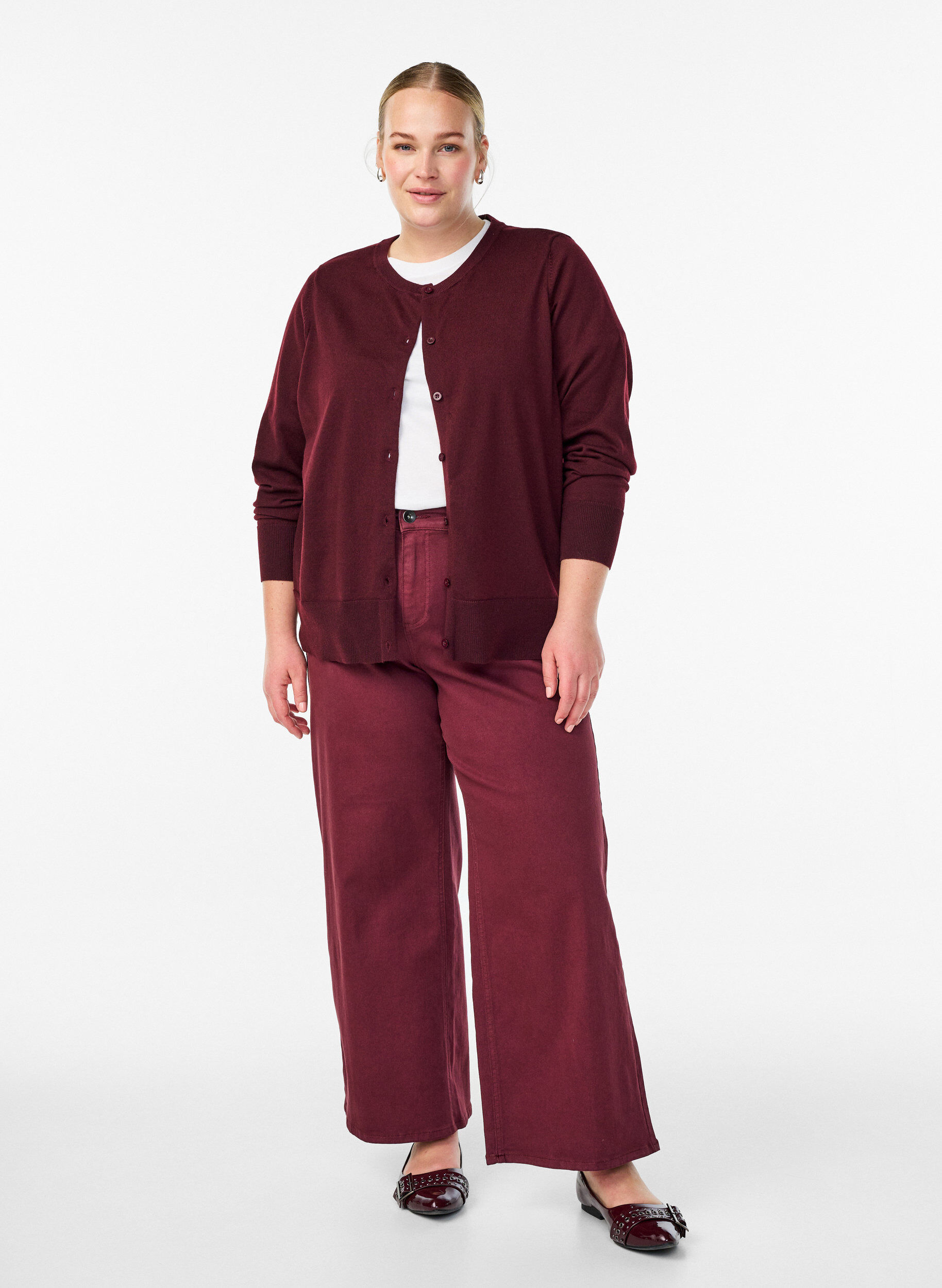 ZizziFinstrikket cardigan med rund hals, R&oslash;d, Model image number 1