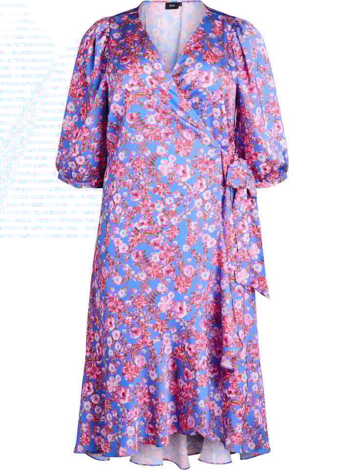 Blomstret omslagskjole med 3/4 ermer, Bl&aring;, Packshot image number 0