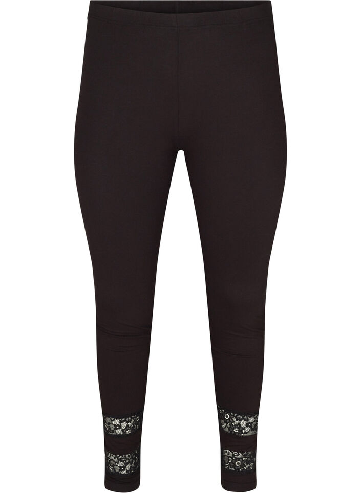 Viskoseleggings med 3/4-lengde og blonder, Black, Packshot image number 0
