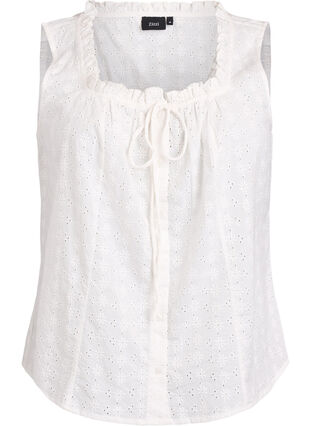 Zizzi Ermeløs bluse med broderi anglaise og volanger, Vanilje, Packshot image number 0