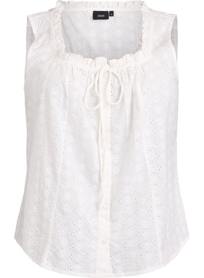 Ermeløs bluse med broderi anglaise og volanger, Vanilje, Packshot image number 0