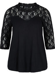 Viskosebluse med blonder og 3/4 ermer, Black