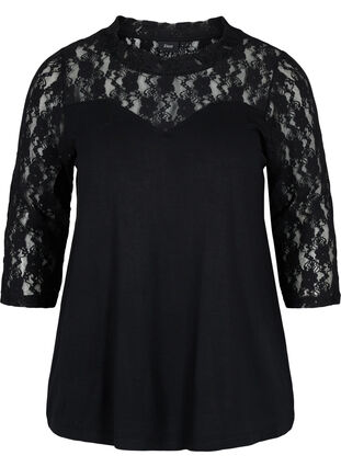 Viskosebluse med blonder og 3/4 ermer, Black, Packshot image number 0