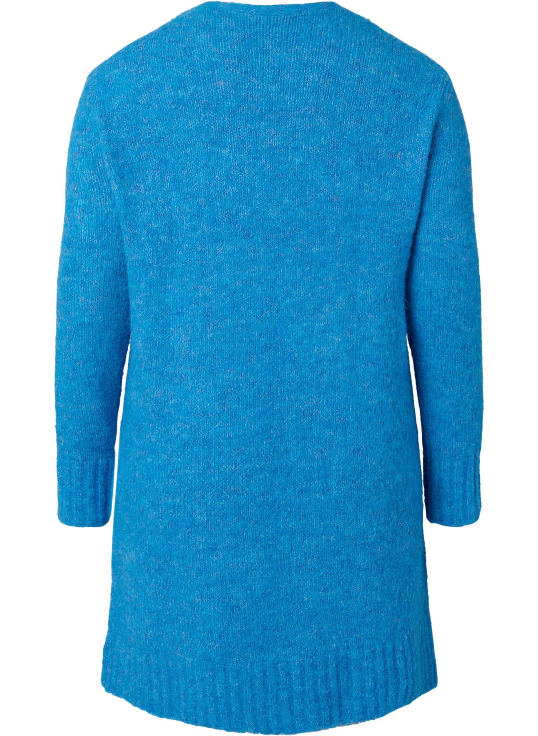 Zizzi Lang strikket cardigan i ull med lommer, French Blue, Packshot image number 1