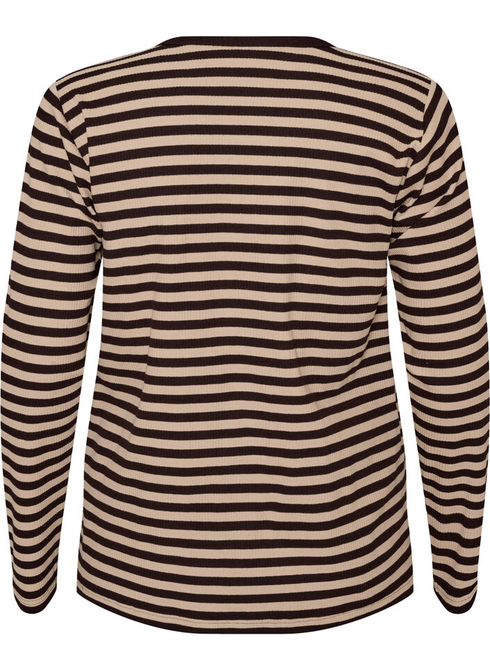 Stripete bluse med lange ermer, Brun, Packshot image number 1