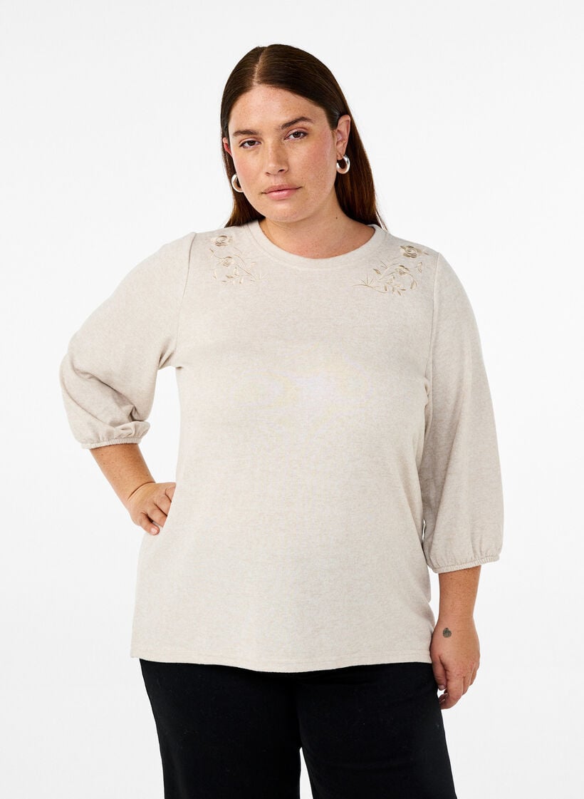 Bluse med blomsterbroderi og 3/4 ermer, Oatmeal Melange, Model image number 0