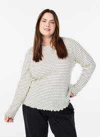 Stripet jerseybluse med bølgete kanter, Hvit Stripet jerseybluse med bølgete kanter, Hvit, Model