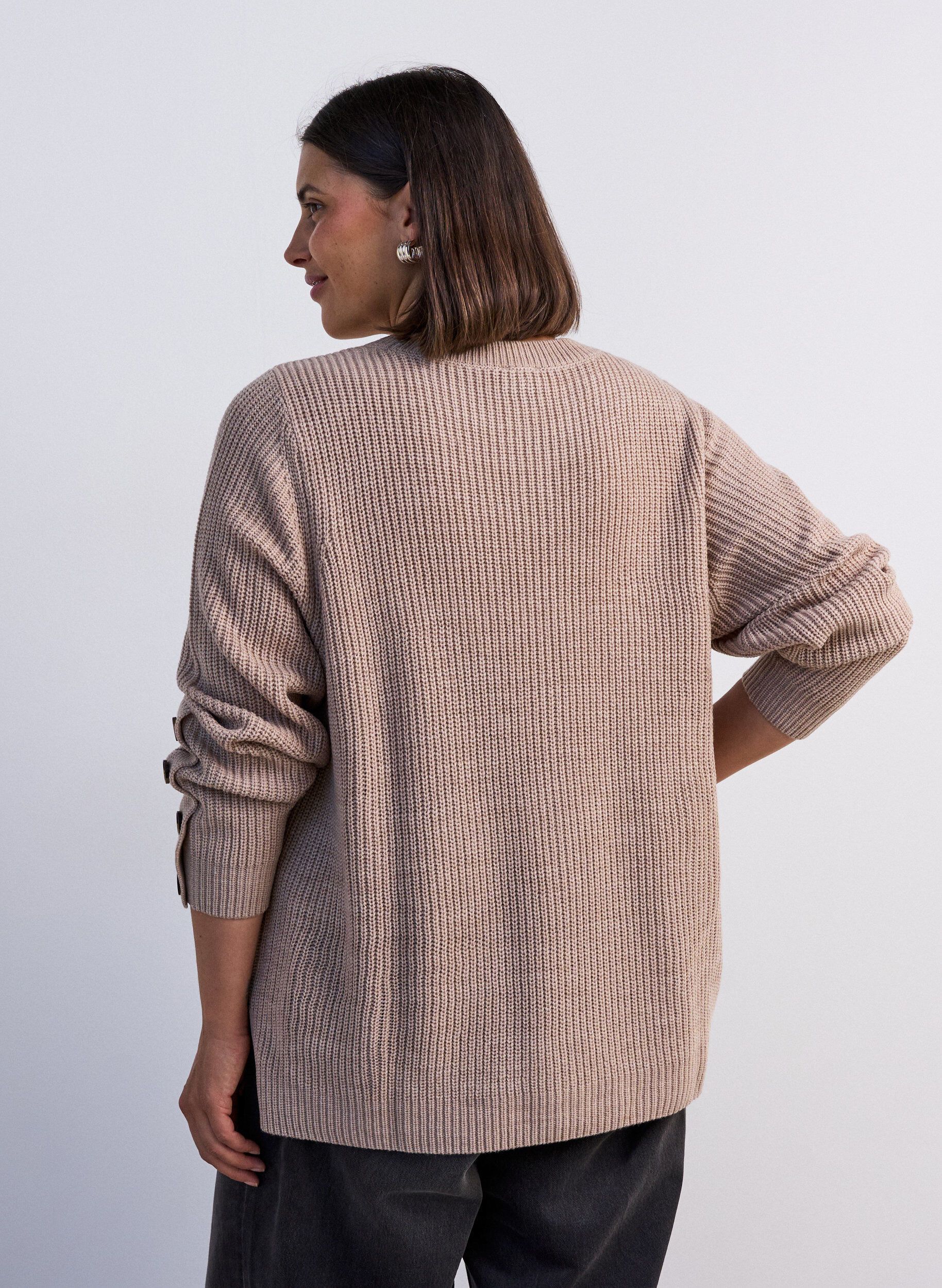 ZizziStrikket bluse med ribbestruktur og knappdetaljer, Beige, Model image number 2