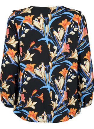 Bluse med lange ermer og volanger, Black Flower AOP, Packshot image number 1