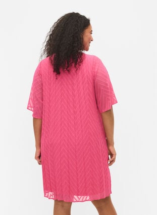 Kjole med korte ermer og struktur, Shocking Pink, Model image number 1