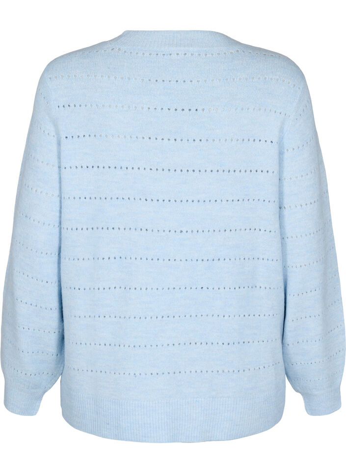 Strikket bluse med rund hals og hulmønster, Cashmere Blue Mel., Packshot image number 1