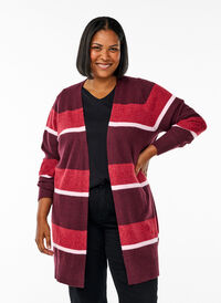 Lang strikkecardigan med brede striper, Mørk Bordeaux Lang strikkecardigan med brede striper, Mørk Bordeaux, Model