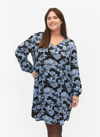 Kjole med V-hals og trykk, Black B. Flower AOP, Model