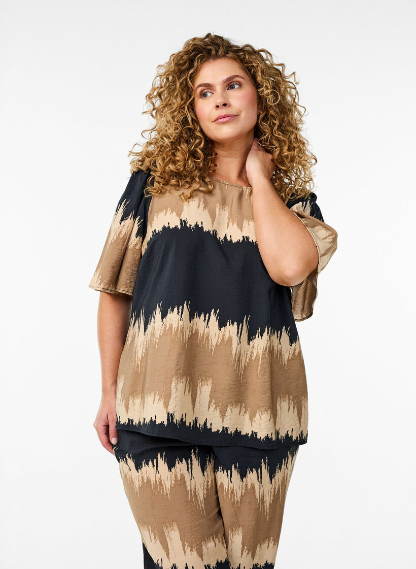 Bluse med vide ermer og grafisk trykk, Color Fade AOP, Model