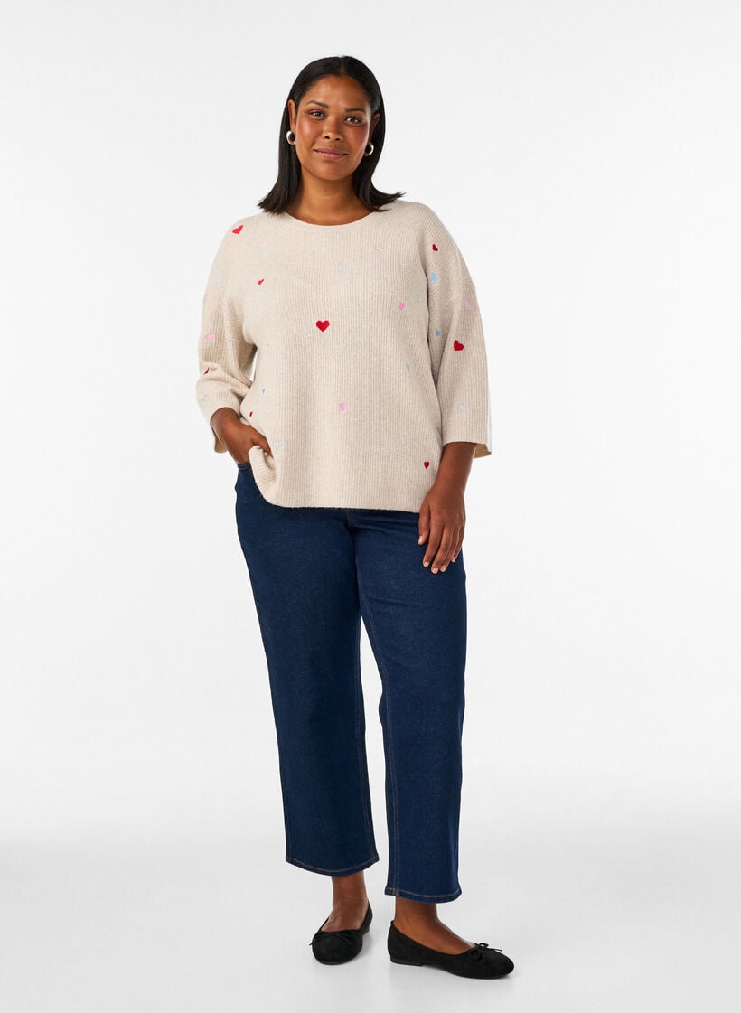 Strikket bluse med hjerter og 3/4-ermer, Beige, Model image number 1