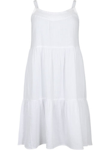 Ensfarget kjole med stropper i bomull, Bright White, Packshot image number 0