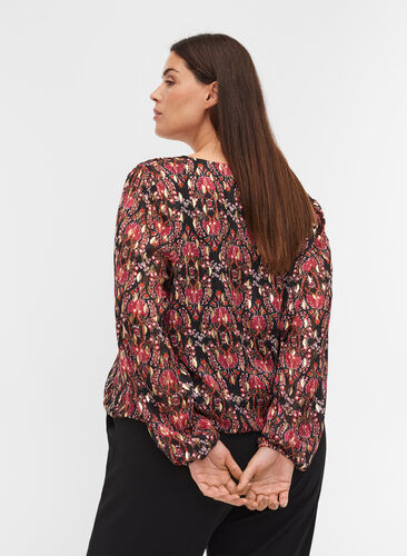 Mønstrete bluse med lange ermer og smock, Black Oriental, Model image number 1