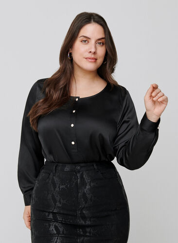 Langermet bluse med feminine knapper, Black, Model image number 0