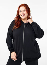 Sweat-cardigan med hette og lommer, Svart Sweat-cardigan med hette og lommer, Svart, Model