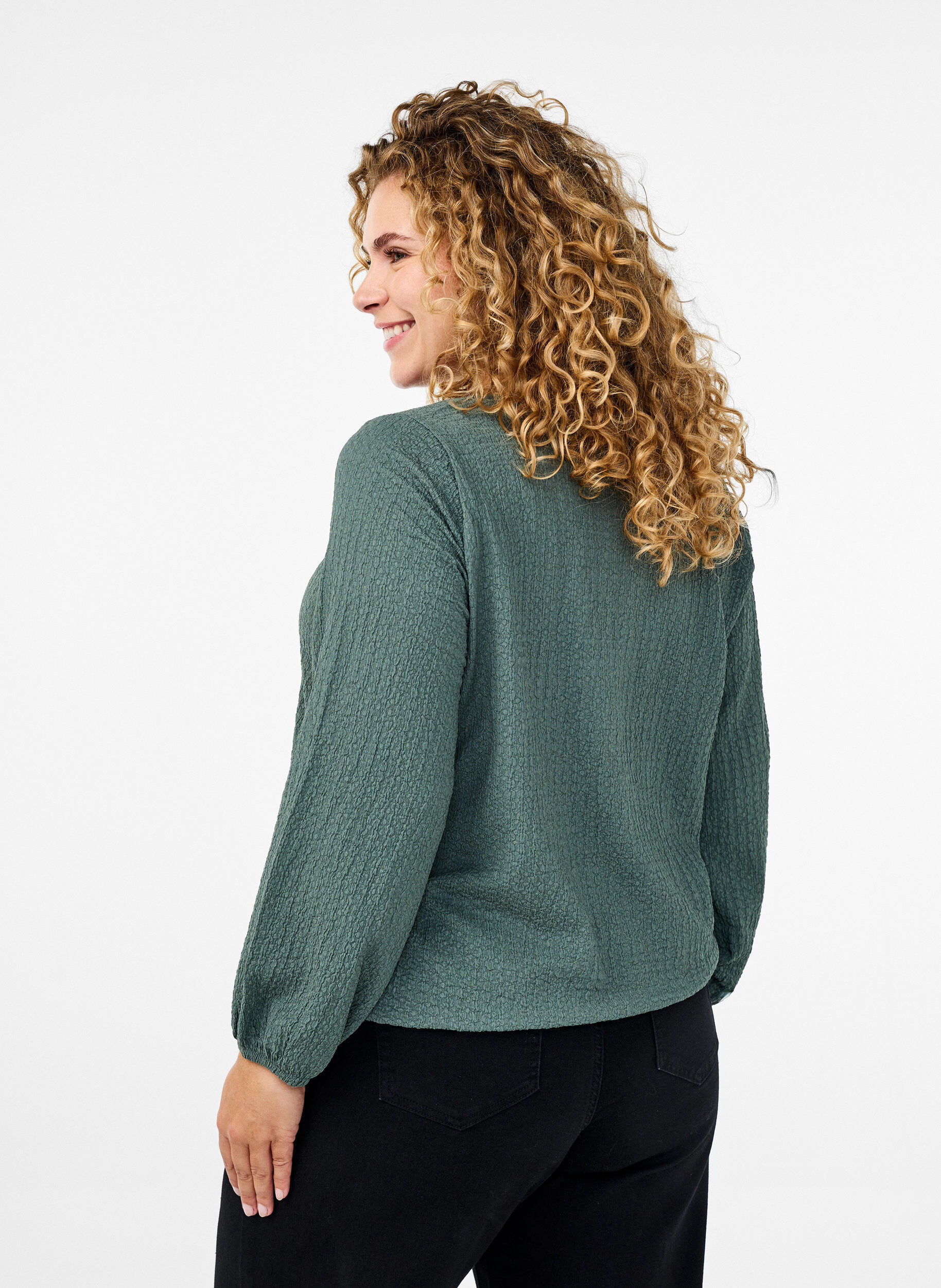 Zizzi FLASH - Bluse med tekstur og lange ermer, Balsam Green, Model image number 1
