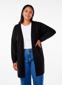 Lang strikket cardigan med lommer, Svart Lang strikket cardigan med lommer, Svart, Model