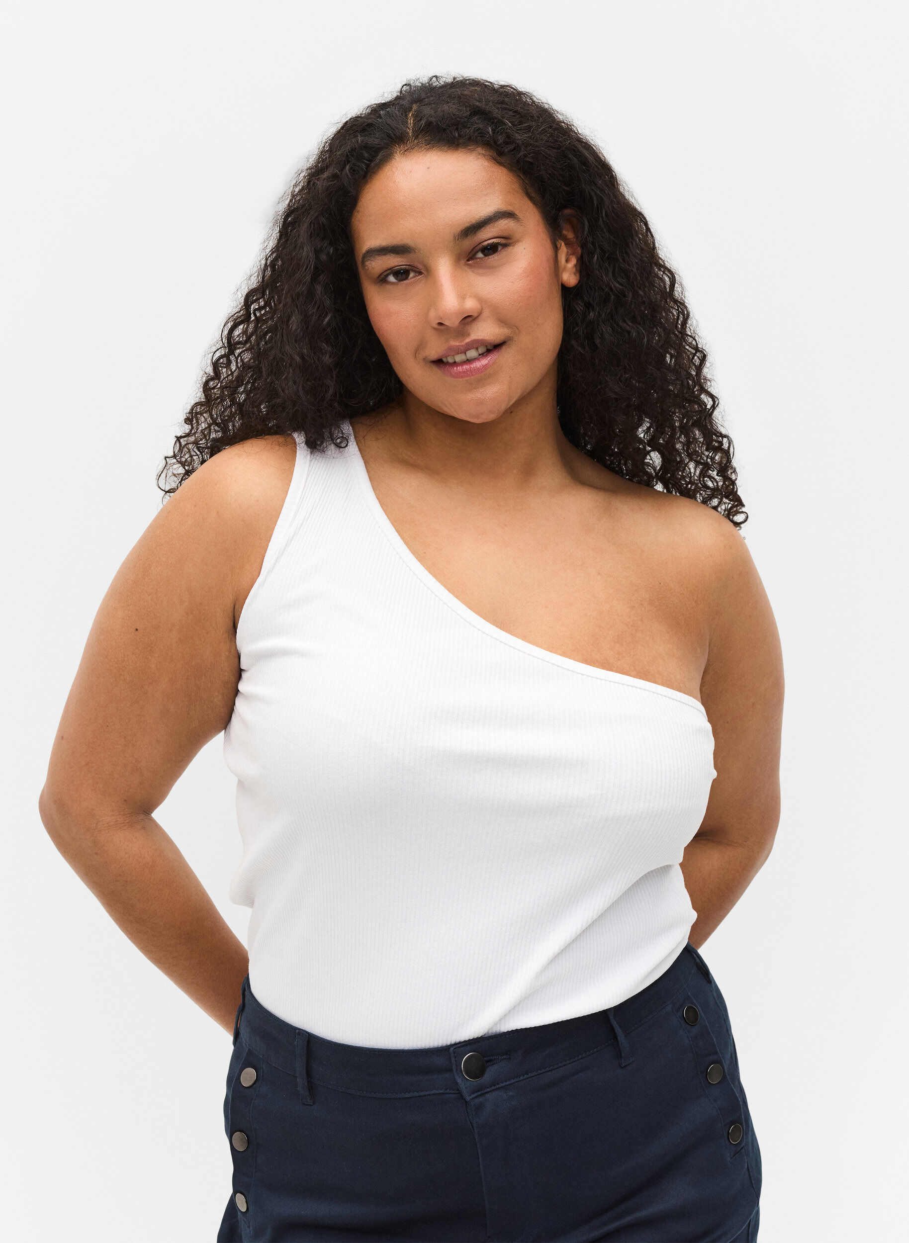 Zizzi Topp med one-shoulder i bomull, Bright White, Model image number 0
