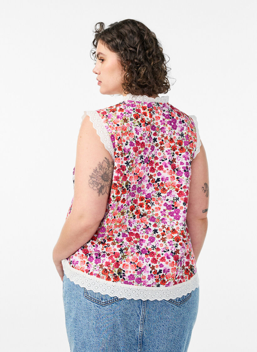 Ermel&oslash;s bomullsbluse med blomstertrykk og broderie anglaise, Rosa, Model image number 2