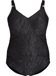 Badedrakt med omslagsdetaljer og ton-i-ton blomstret tekstur, Gr&aring;