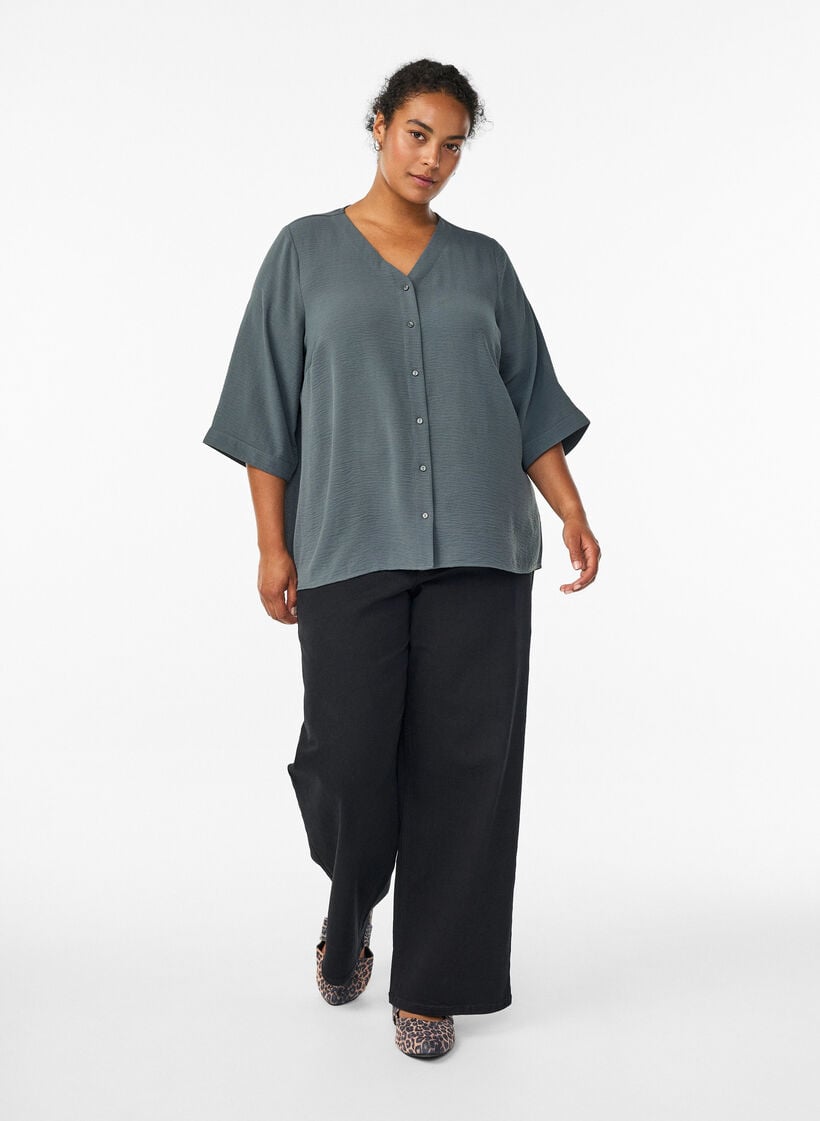 Skjortebluse med v-hals og 3/4 ermer, Gr&oslash;nn, Model image number 1