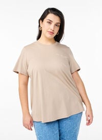 T-skjorte med tekstprint og rund hals, Brun T-skjorte med tekstprint og rund hals, Brun, Model