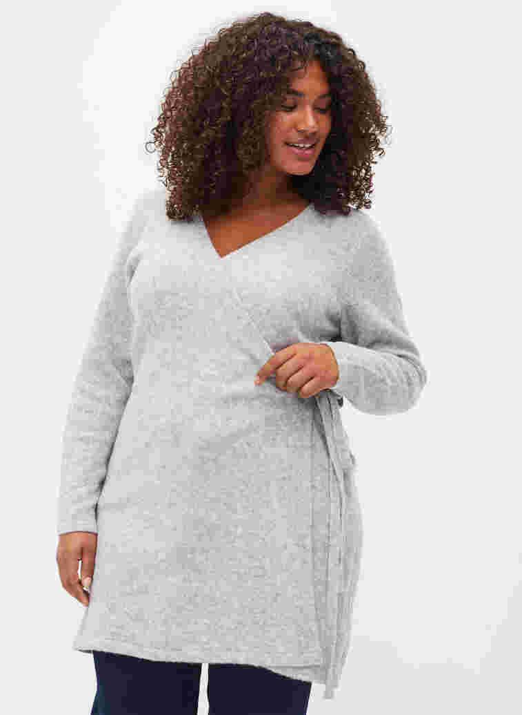 Melert strikkecardigan med omslag, Light Grey Melange, Model image number 0