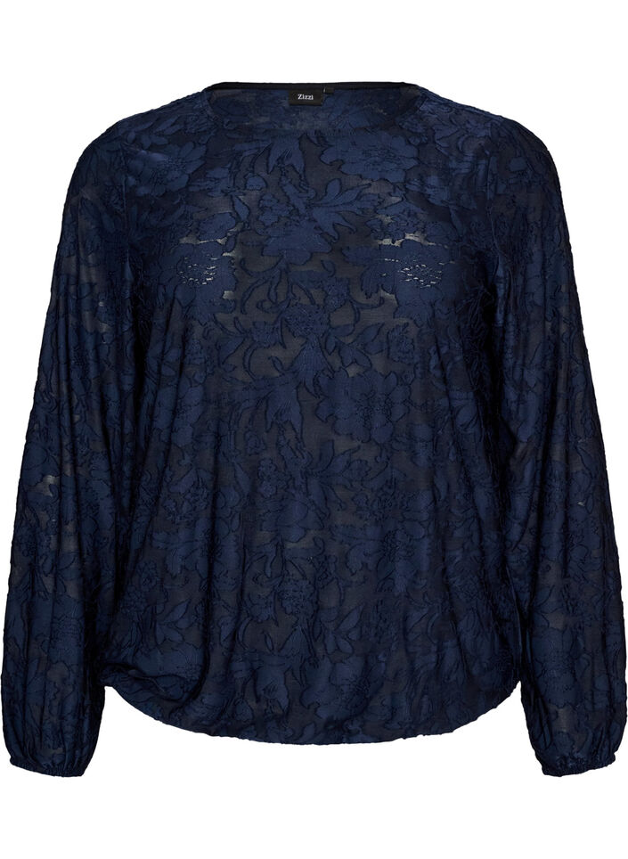 Gjennomsiktig bluse med blomstertekstur og lange ermer, Bl&aring;, Packshot image number 0