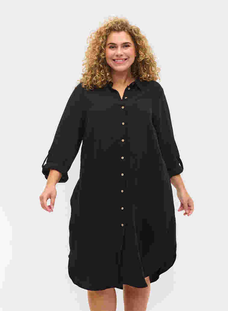 Lang ensfarget viskoseskjorte med 3/4-ermer, Black, Model