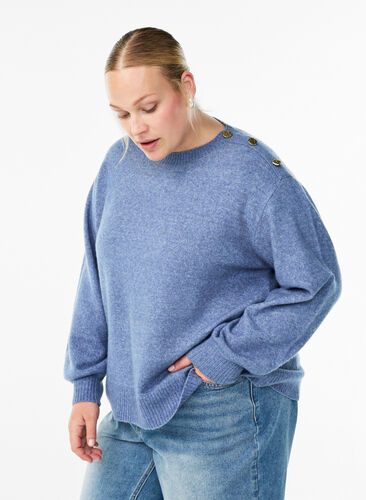 Zizzi Strikket bluse med knappdetalj, Blå, Model image number 0