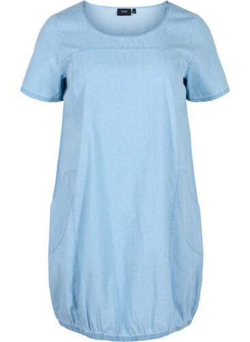 Kortermet denimkjole med lommer, Light blue denim, Packshot image number 0