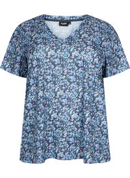 FLASH - Mønstret T-skjorte med V-hals, Blue Green Ditsy